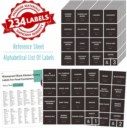 Hebayy 234 Minimalist Kitchen Food Labels, 216 Preprinted Flour Pasta Peas Condiment Oil Stickers, 18 Blank Ones, Waterproof Oil&Tear Resistant, No Residue for Pantry Food Containers Jars.