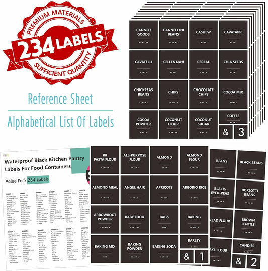 Hebayy 234 Minimalist Kitchen Food Labels, 216 Preprinted Flour Pasta Peas Condiment Oil Stickers, 18 Blank Ones, Waterproof Oil&Tear Resistant, No Residue for Pantry Food Containers Jars.