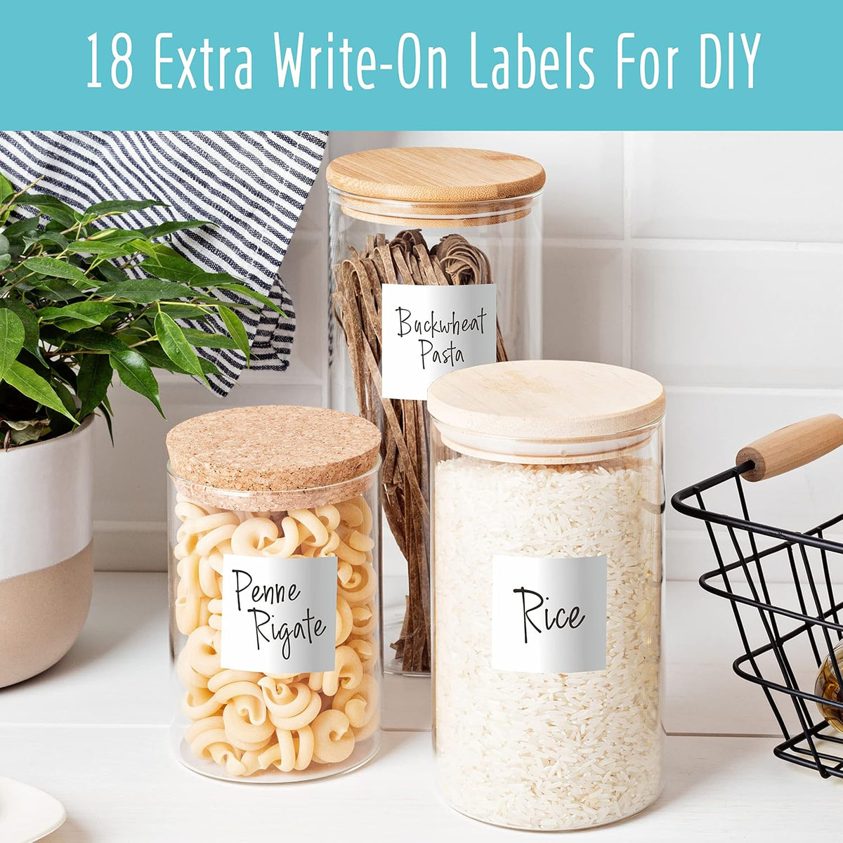 Hebayy 234 Minimalist Kitchen Food Labels, 216 Preprinted Flour Pasta Peas Condiment Oil Stickers, 18 Blank Ones, Waterproof Oil&Tear Resistant, No Residue for Pantry Food Containers Jars.