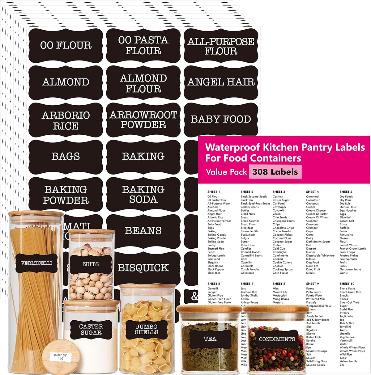 Hebayy 234 Minimalist Kitchen Food Labels, 216 Preprinted Flour Pasta Peas Condiment Oil Stickers, 18 Blank Ones, Waterproof Oil&Tear Resistant, No Residue for Pantry Food Containers Jars.