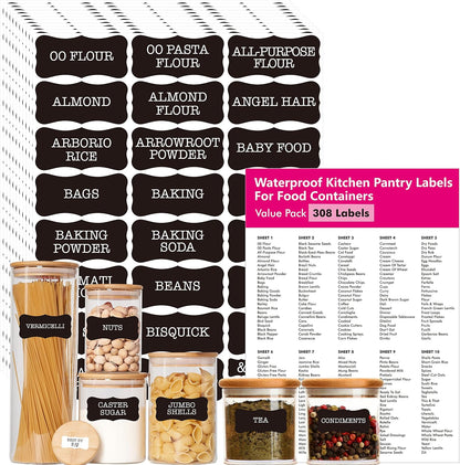 Hebayy 234 Minimalist Kitchen Food Labels, 216 Preprinted Flour Pasta Peas Condiment Oil Stickers, 18 Blank Ones, Waterproof Oil&Tear Resistant, No Residue for Pantry Food Containers Jars.