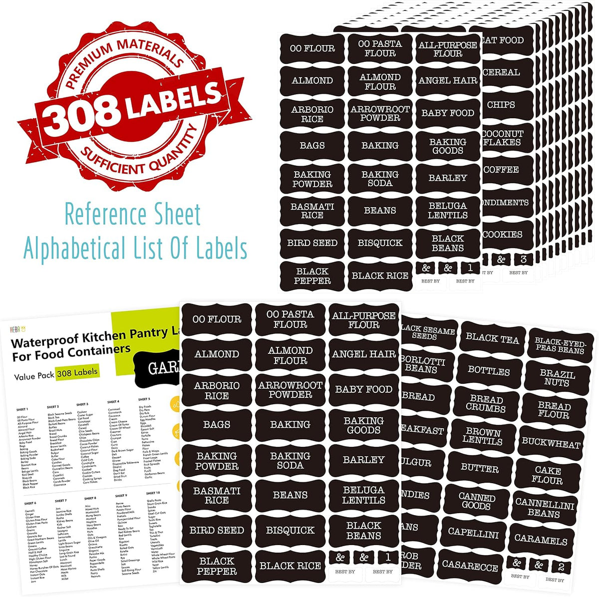 Hebayy 234 Minimalist Kitchen Food Labels, 216 Preprinted Flour Pasta Peas Condiment Oil Stickers, 18 Blank Ones, Waterproof Oil&Tear Resistant, No Residue for Pantry Food Containers Jars.