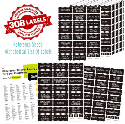 Hebayy 234 Minimalist Kitchen Food Labels, 216 Preprinted Flour Pasta Peas Condiment Oil Stickers, 18 Blank Ones, Waterproof Oil&Tear Resistant, No Residue for Pantry Food Containers Jars.