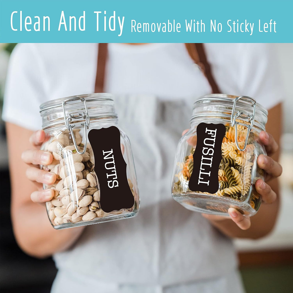 Hebayy 234 Minimalist Kitchen Food Labels, 216 Preprinted Flour Pasta Peas Condiment Oil Stickers, 18 Blank Ones, Waterproof Oil&Tear Resistant, No Residue for Pantry Food Containers Jars.