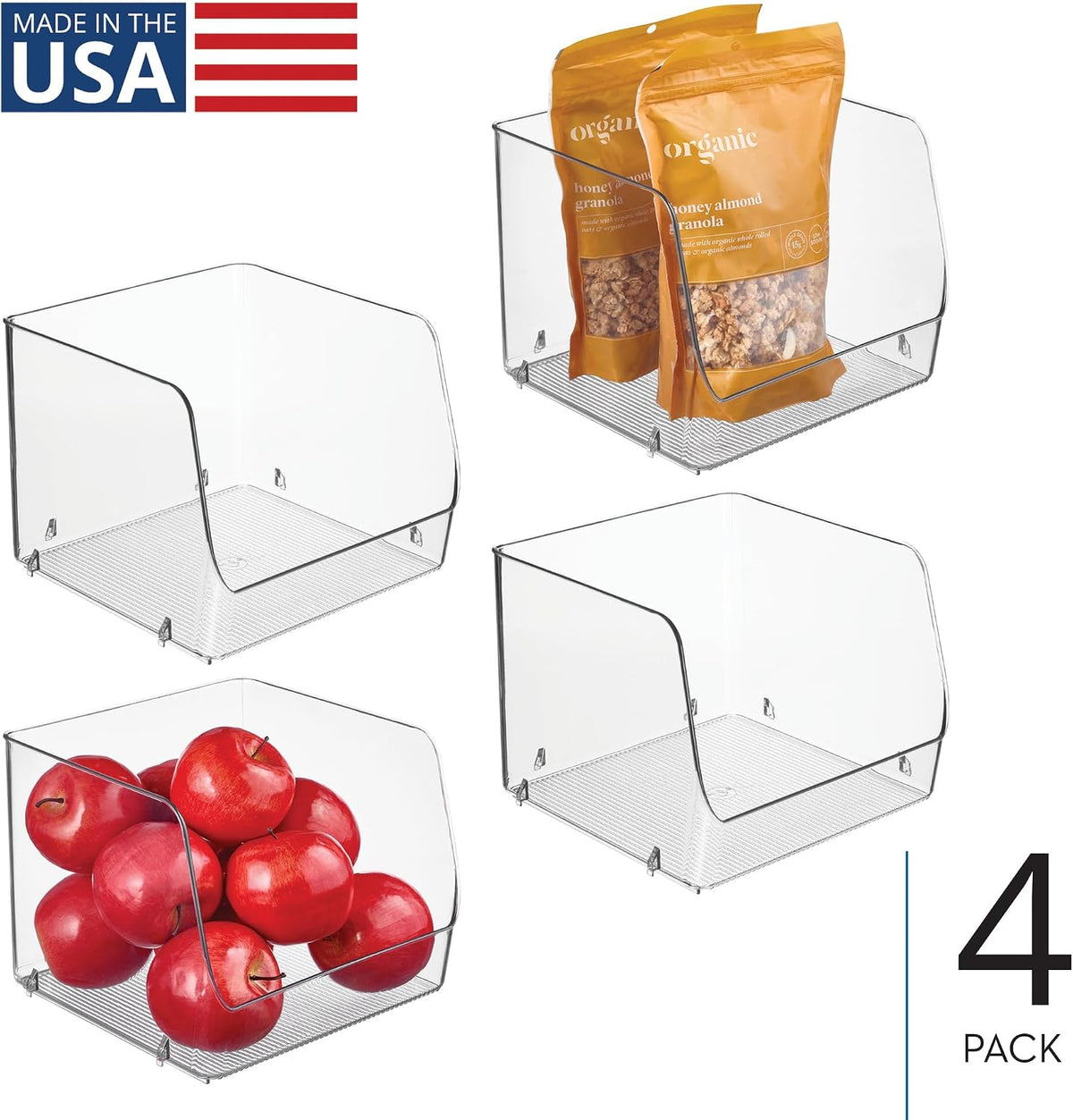 Stackable Clear Open Front Storage Bin, 4-Pack