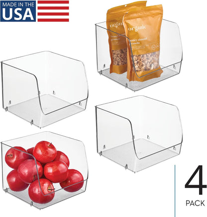 Stackable Clear Open Front Storage Bin, 4-Pack