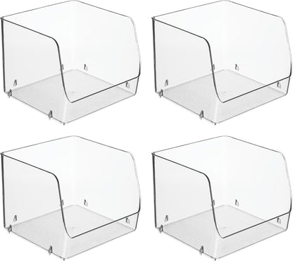 Stackable Clear Open Front Storage Bin, 4-Pack