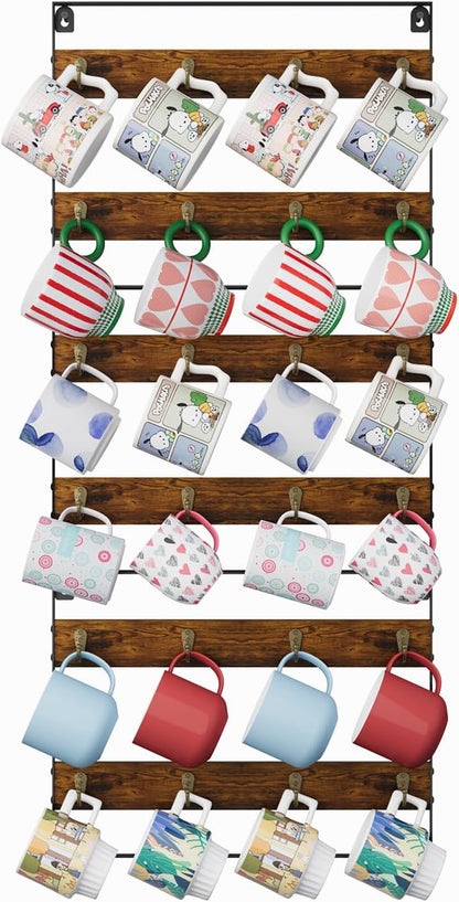 Wall Mount Coffee Mug Holder - Rustic Wood and Iron, Holds Up to 24 Mugs (3Pack) for Kitchen, Home, Coffee Bar
