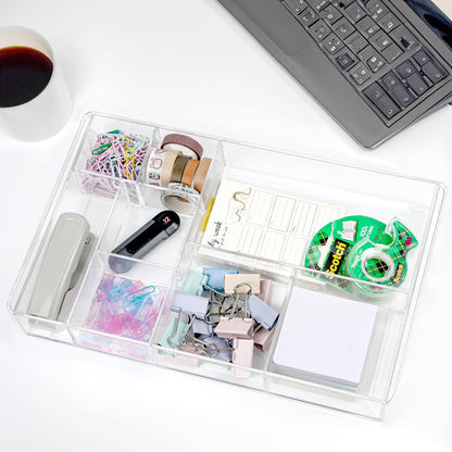 8-Section Clear Drawer Organizer, Large Acrylic Drawer Divider Tray for Desk,Bathroom,Office Makeup,Junk, Plastic Drawers Organizer 13.7" x 8.7" x 2" (8-Section)