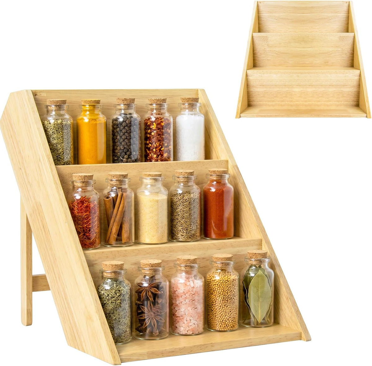 Wooden Spice Rack, Foldable 3 Tier Spice Rack Organizer for Cabinet - Seasoning Rack Use for Kitchen, Countertops, Cabinet Drawer or Pantry (Rack Only)