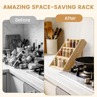 Wooden Spice Rack, Foldable 3 Tier Spice Rack Organizer for Cabinet - Seasoning Rack Use for Kitchen, Countertops, Cabinet Drawer or Pantry (Rack Only)