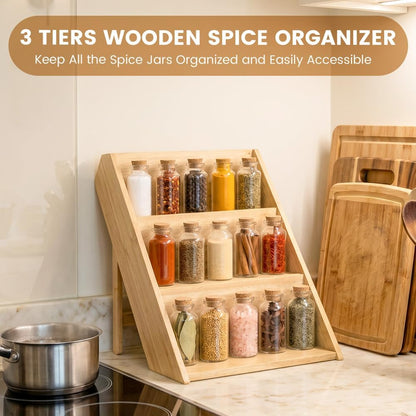 Wooden Spice Rack, Foldable 3 Tier Spice Rack Organizer for Cabinet - Seasoning Rack Use for Kitchen, Countertops, Cabinet Drawer or Pantry (Rack Only)