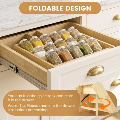 Wooden Spice Rack, Foldable 3 Tier Spice Rack Organizer for Cabinet - Seasoning Rack Use for Kitchen, Countertops, Cabinet Drawer or Pantry (Rack Only)