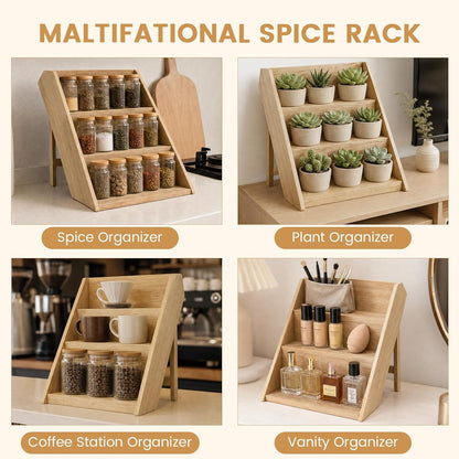 Wooden Spice Rack, Foldable 3 Tier Spice Rack Organizer for Cabinet - Seasoning Rack Use for Kitchen, Countertops, Cabinet Drawer or Pantry (Rack Only)