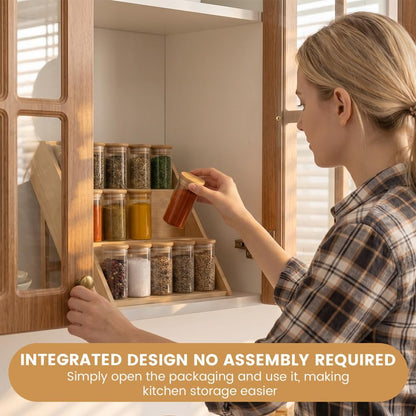 Wooden Spice Rack, Foldable 3 Tier Spice Rack Organizer for Cabinet - Seasoning Rack Use for Kitchen, Countertops, Cabinet Drawer or Pantry (Rack Only)
