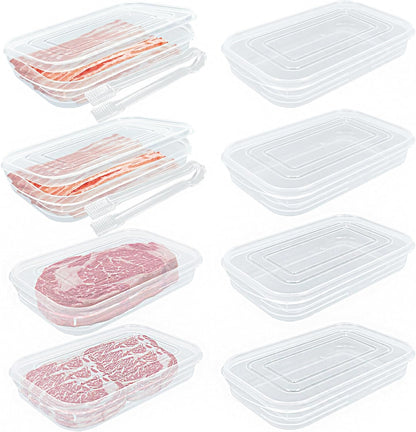 Bacon Keeper, 8 Pcs Deli Meat Container for Fridge Plastic Saver Container with Lids and 2 Bacon Clip Airtight Cold Cuts Cheese Container Food Storage Box Shallow Low Christmas Cookie Holder