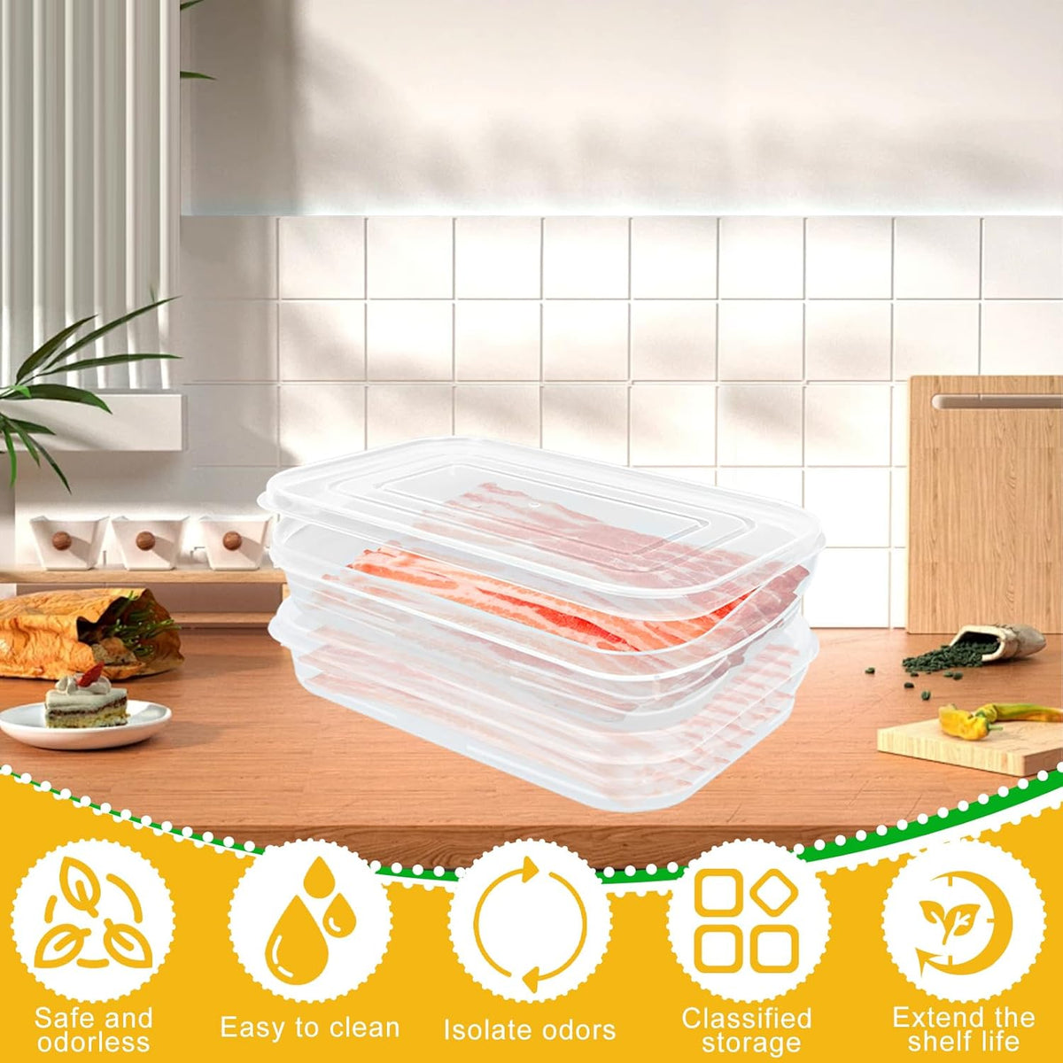Bacon Keeper, 8 Pcs Deli Meat Container for Fridge Plastic Saver Container with Lids and 2 Bacon Clip Airtight Cold Cuts Cheese Container Food Storage Box Shallow Low Christmas Cookie Holder