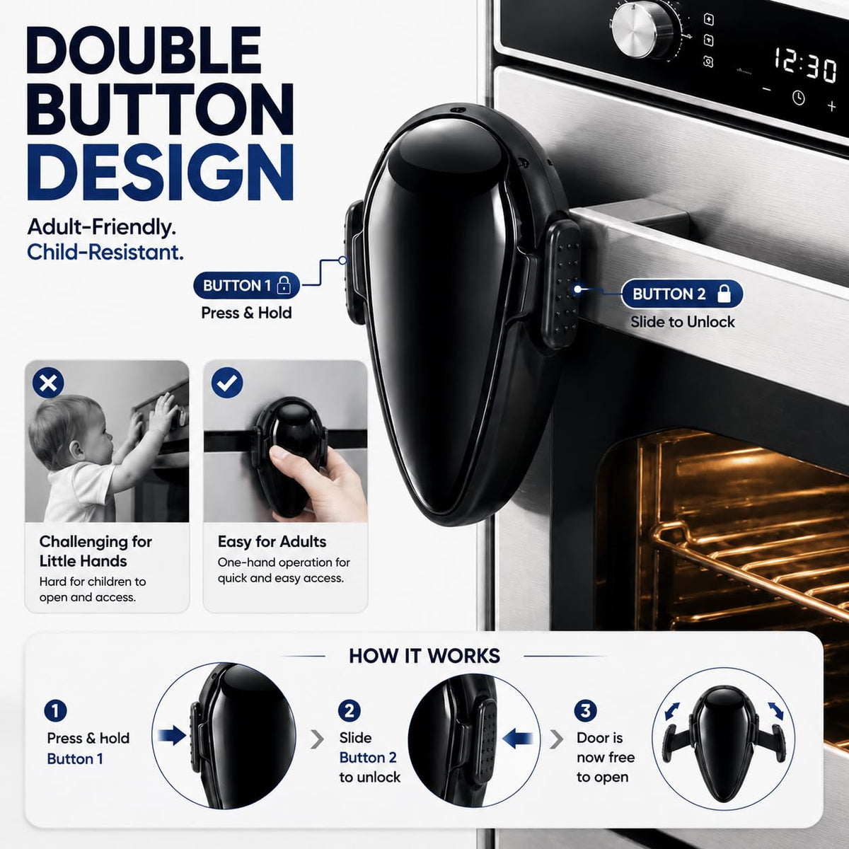 Oven Lock Child Safety - Baby Proofing Oven Door Locks - Oven Front Lock, Easy to Install & Heat Resistent Material - Durable and No Drill Needed Oven Child Safety Lock