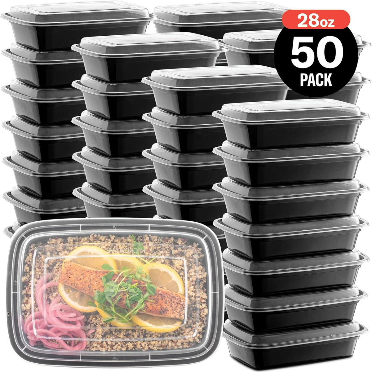 50-Pack Reusable Meal Prep Containers Microwave Safe Food Storage Containers with Lids, 28 oz - 1 Compartment Take Out Disposable Plastic Bento Lunch Box To Go, BPA Free - Dishwasher & Freezer Safe