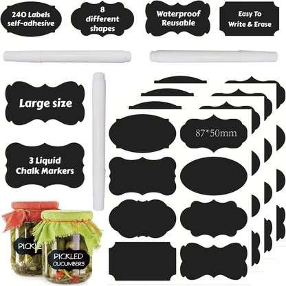 Chalkboard Labels Waterproof Reusable Label for Food Containers Chalk Sticker Labels with 2 Liquid Chalk Markers for Mason Jars, Parties Decoration, Craft Rooms, Storage, Home, Kitchen