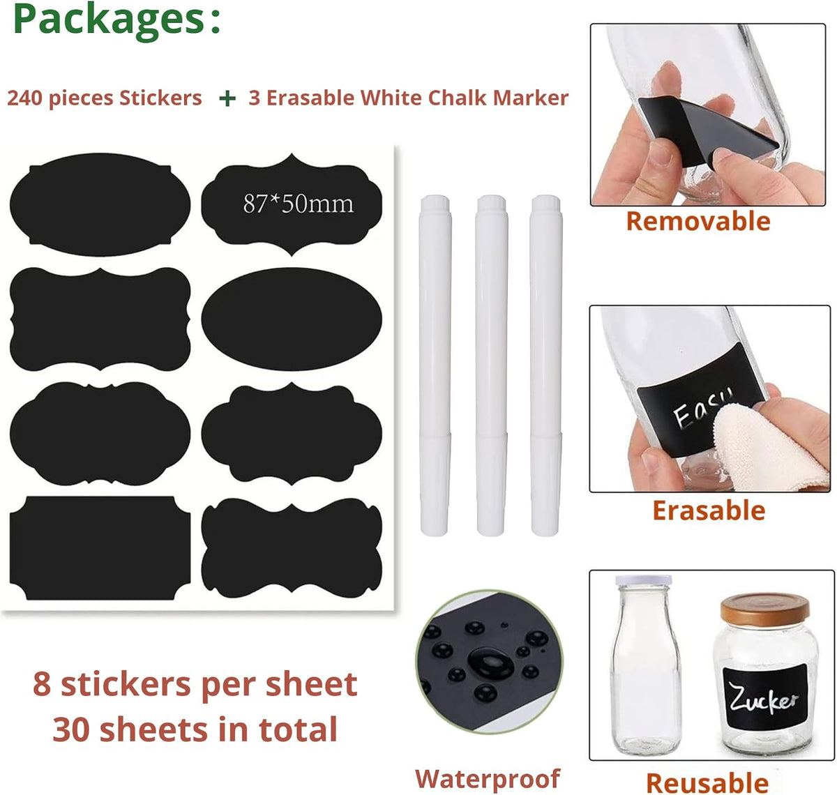 Chalkboard Labels Waterproof Reusable Label for Food Containers Chalk Sticker Labels with 2 Liquid Chalk Markers for Mason Jars, Parties Decoration, Craft Rooms, Storage, Home, Kitchen