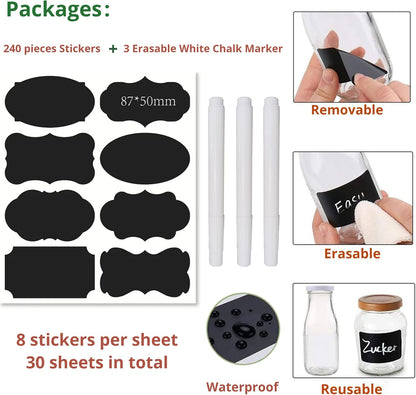 Chalkboard Labels Waterproof Reusable Label for Food Containers Chalk Sticker Labels with 2 Liquid Chalk Markers for Mason Jars, Parties Decoration, Craft Rooms, Storage, Home, Kitchen