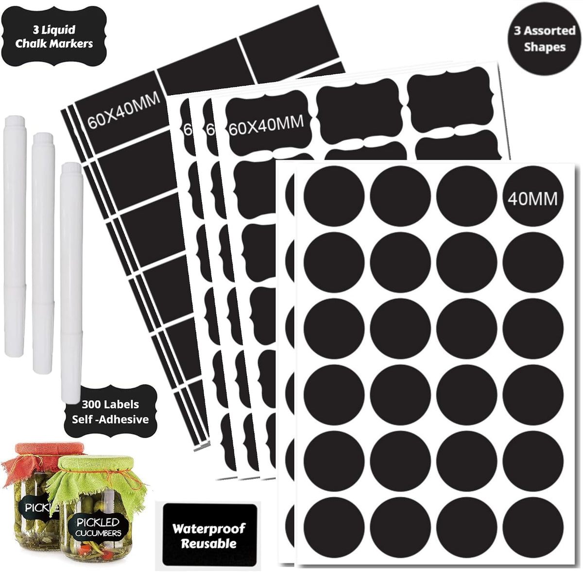 Chalkboard Labels Waterproof Reusable Label for Food Containers Chalk Sticker Labels with 2 Liquid Chalk Markers for Mason Jars, Parties Decoration, Craft Rooms, Storage, Home, Kitchen