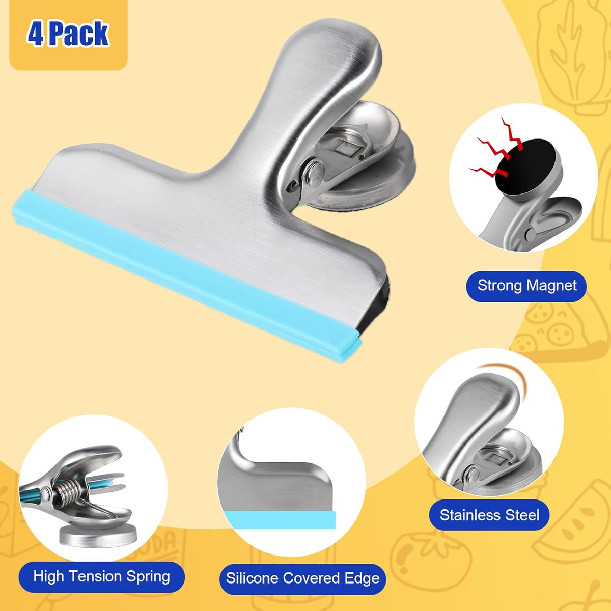 4 Pack Stainless Steel Magnetic Chip Bag Clips Covered with Silicone - NO More Sharp Edges - Color Coded for Food Bags - Hang Postcards Heavy Duty for Kitchen and Office, 3 Inches Wide