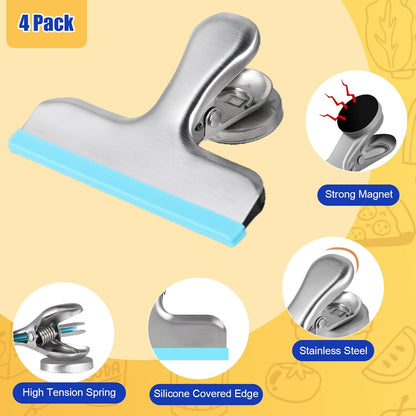 4 Pack Stainless Steel Magnetic Chip Bag Clips Covered with Silicone - NO More Sharp Edges - Color Coded for Food Bags - Hang Postcards Heavy Duty for Kitchen and Office, 3 Inches Wide