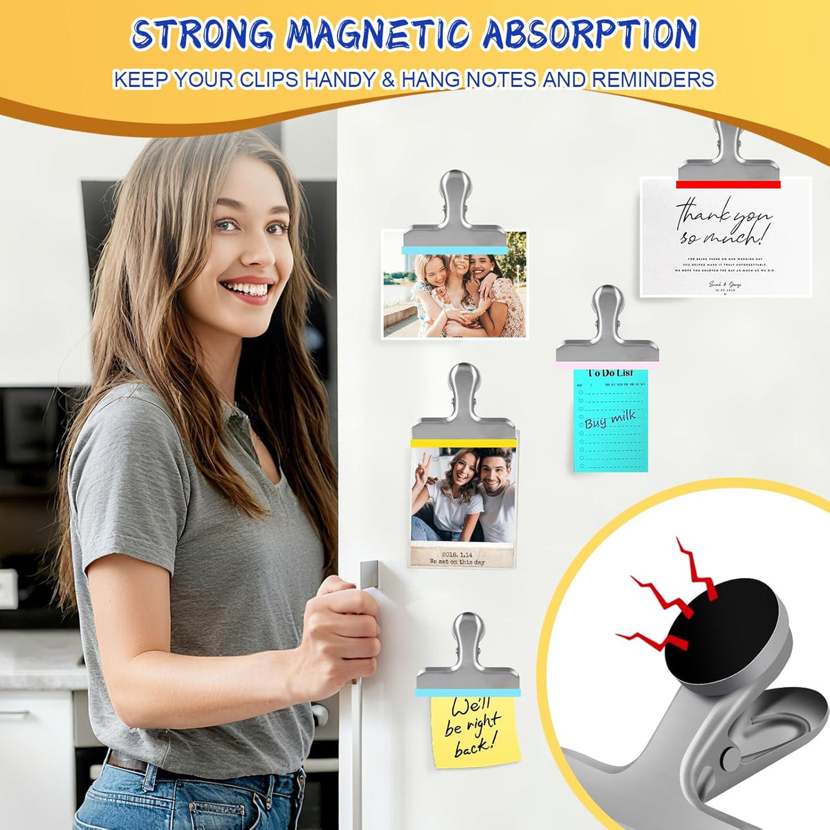 4 Pack Stainless Steel Magnetic Chip Bag Clips Covered with Silicone - NO More Sharp Edges - Color Coded for Food Bags - Hang Postcards Heavy Duty for Kitchen and Office, 3 Inches Wide