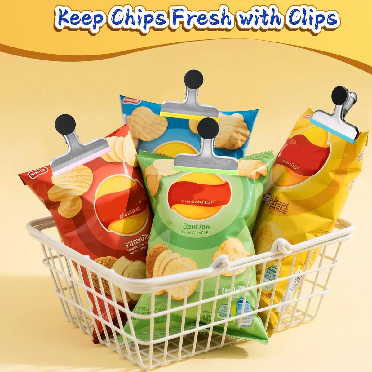4 Pack Stainless Steel Magnetic Chip Bag Clips Covered with Silicone - NO More Sharp Edges - Color Coded for Food Bags - Hang Postcards Heavy Duty for Kitchen and Office, 3 Inches Wide