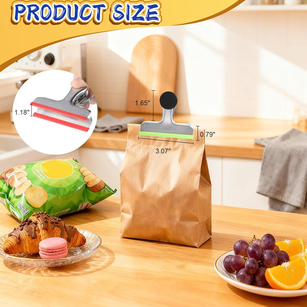 4 Pack Stainless Steel Magnetic Chip Bag Clips Covered with Silicone - NO More Sharp Edges - Color Coded for Food Bags - Hang Postcards Heavy Duty for Kitchen and Office, 3 Inches Wide