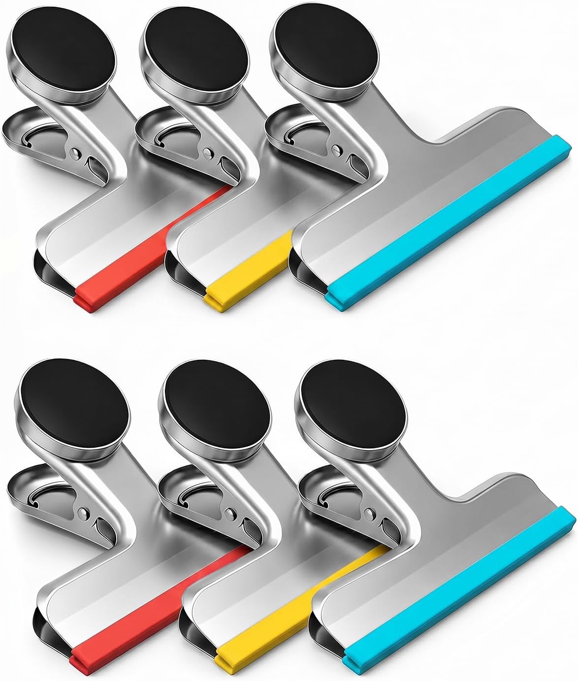 4 Pack Stainless Steel Magnetic Chip Bag Clips Covered with Silicone - NO More Sharp Edges - Color Coded for Food Bags - Hang Postcards Heavy Duty for Kitchen and Office, 3 Inches Wide