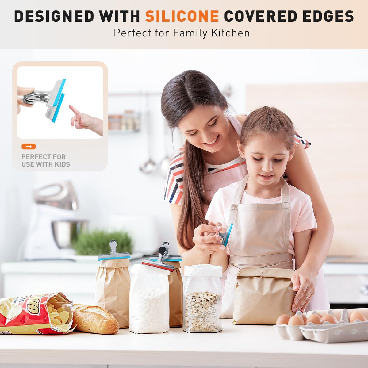 4 Pack Stainless Steel Magnetic Chip Bag Clips Covered with Silicone - NO More Sharp Edges - Color Coded for Food Bags - Hang Postcards Heavy Duty for Kitchen and Office, 3 Inches Wide
