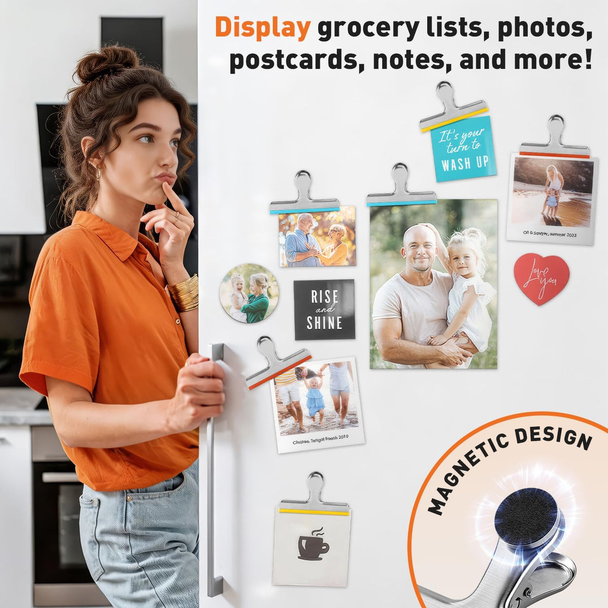 4 Pack Stainless Steel Magnetic Chip Bag Clips Covered with Silicone - NO More Sharp Edges - Color Coded for Food Bags - Hang Postcards Heavy Duty for Kitchen and Office, 3 Inches Wide