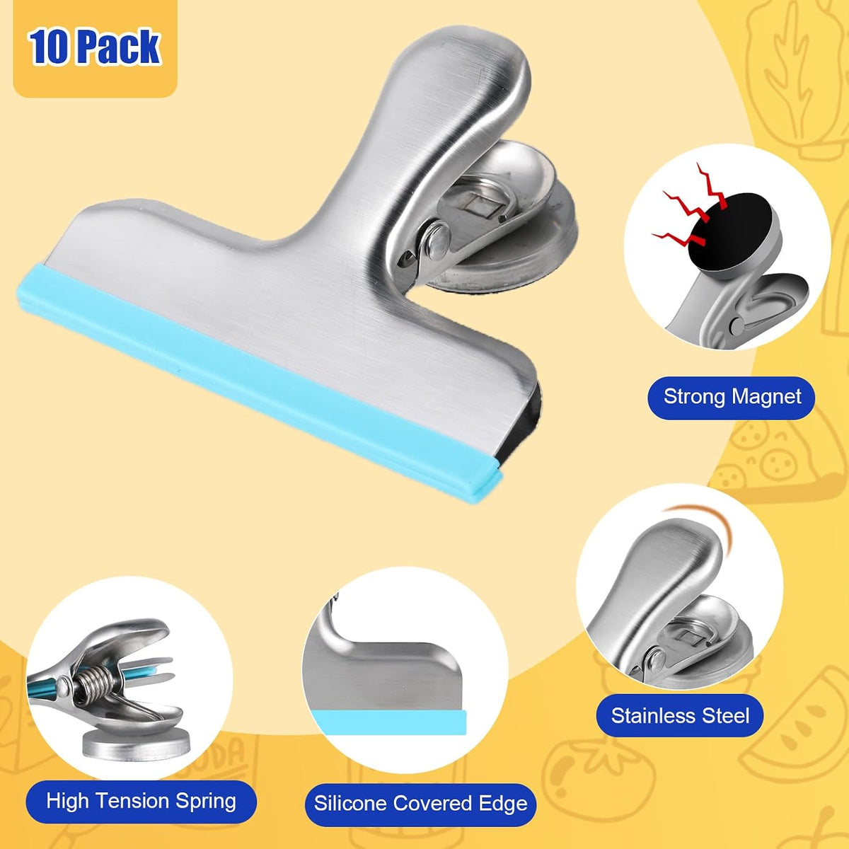 4 Pack Stainless Steel Magnetic Chip Bag Clips Covered with Silicone - NO More Sharp Edges - Color Coded for Food Bags - Hang Postcards Heavy Duty for Kitchen and Office, 3 Inches Wide