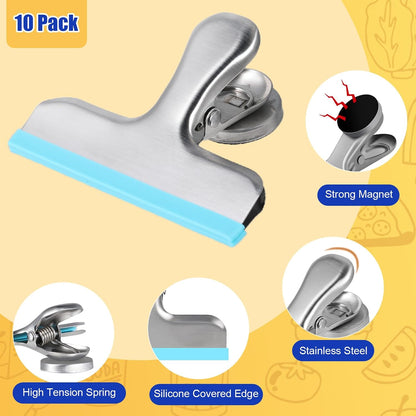 4 Pack Stainless Steel Magnetic Chip Bag Clips Covered with Silicone - NO More Sharp Edges - Color Coded for Food Bags - Hang Postcards Heavy Duty for Kitchen and Office, 3 Inches Wide