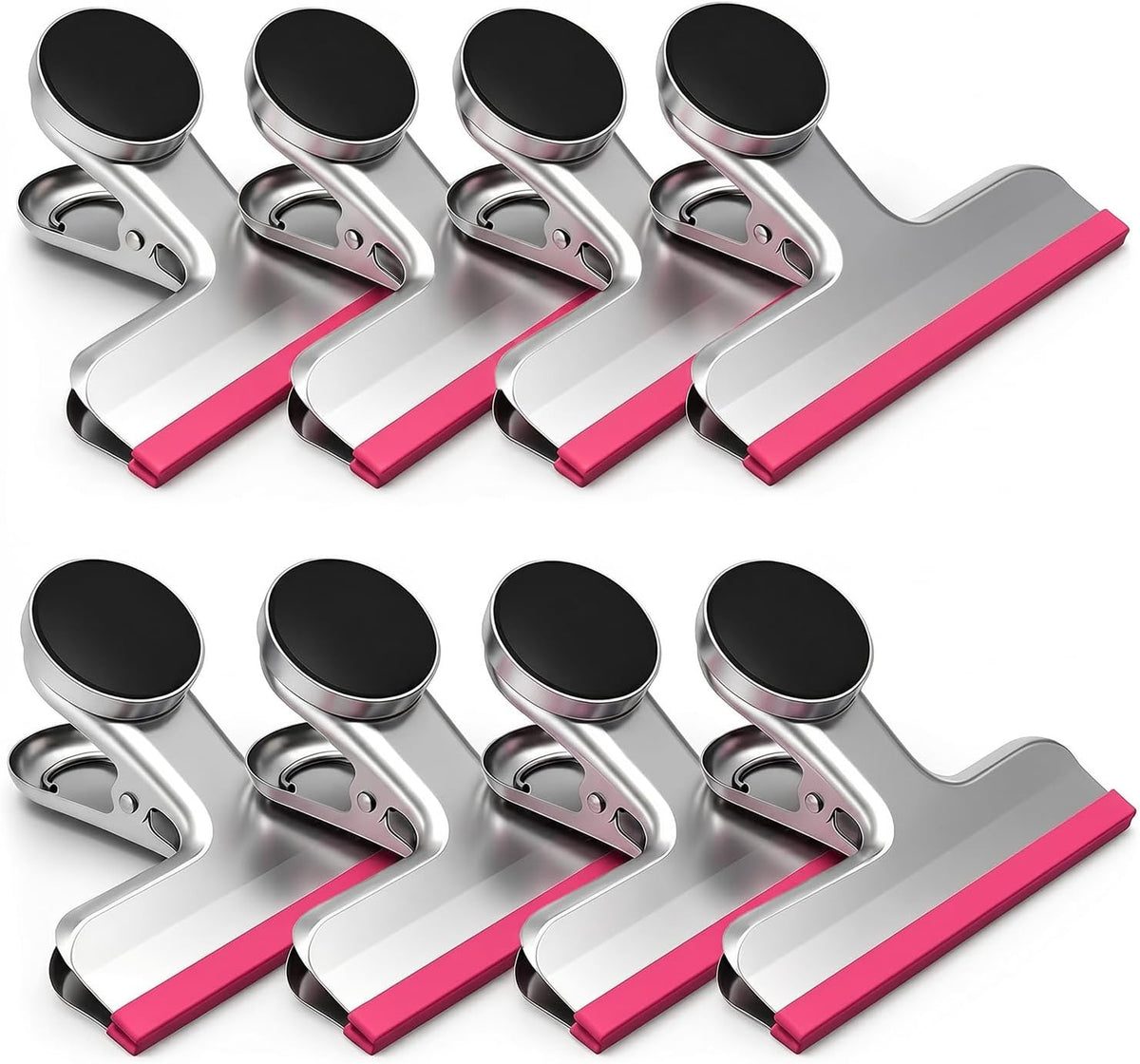 4 Pack Stainless Steel Magnetic Chip Bag Clips Covered with Silicone - NO More Sharp Edges - Color Coded for Food Bags - Hang Postcards Heavy Duty for Kitchen and Office, 3 Inches Wide