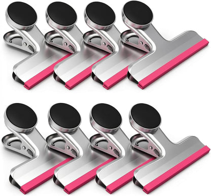 4 Pack Stainless Steel Magnetic Chip Bag Clips Covered with Silicone - NO More Sharp Edges - Color Coded for Food Bags - Hang Postcards Heavy Duty for Kitchen and Office, 3 Inches Wide