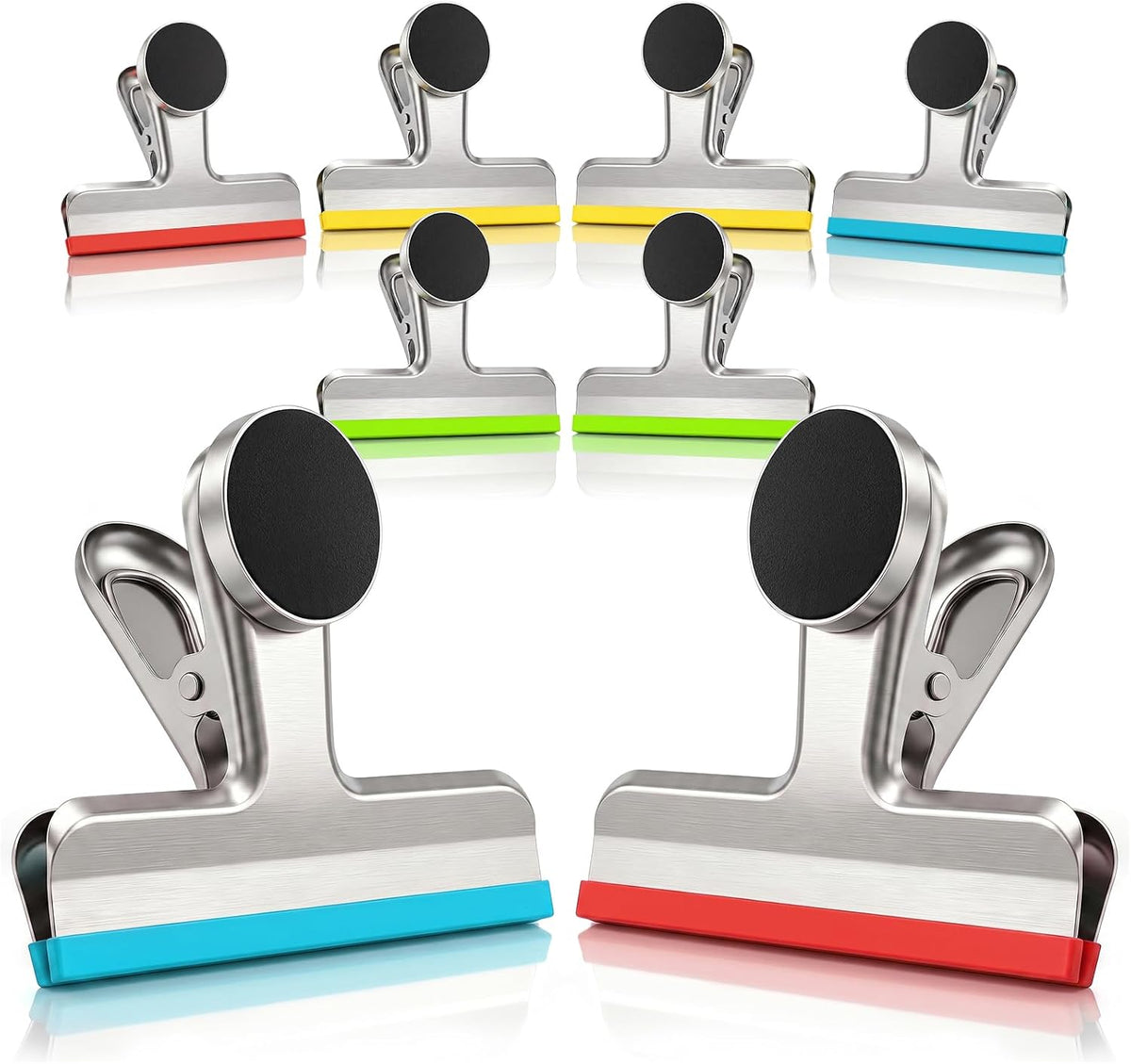 4 Pack Stainless Steel Magnetic Chip Bag Clips Covered with Silicone - NO More Sharp Edges - Color Coded for Food Bags - Hang Postcards Heavy Duty for Kitchen and Office, 3 Inches Wide