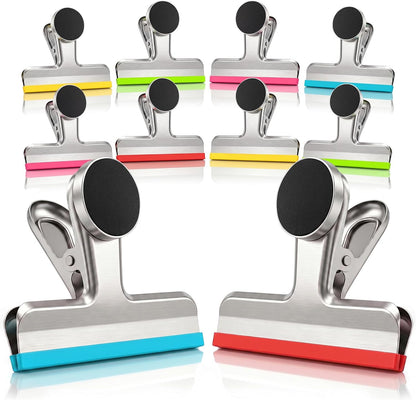 4 Pack Stainless Steel Magnetic Chip Bag Clips Covered with Silicone - NO More Sharp Edges - Color Coded for Food Bags - Hang Postcards Heavy Duty for Kitchen and Office, 3 Inches Wide
