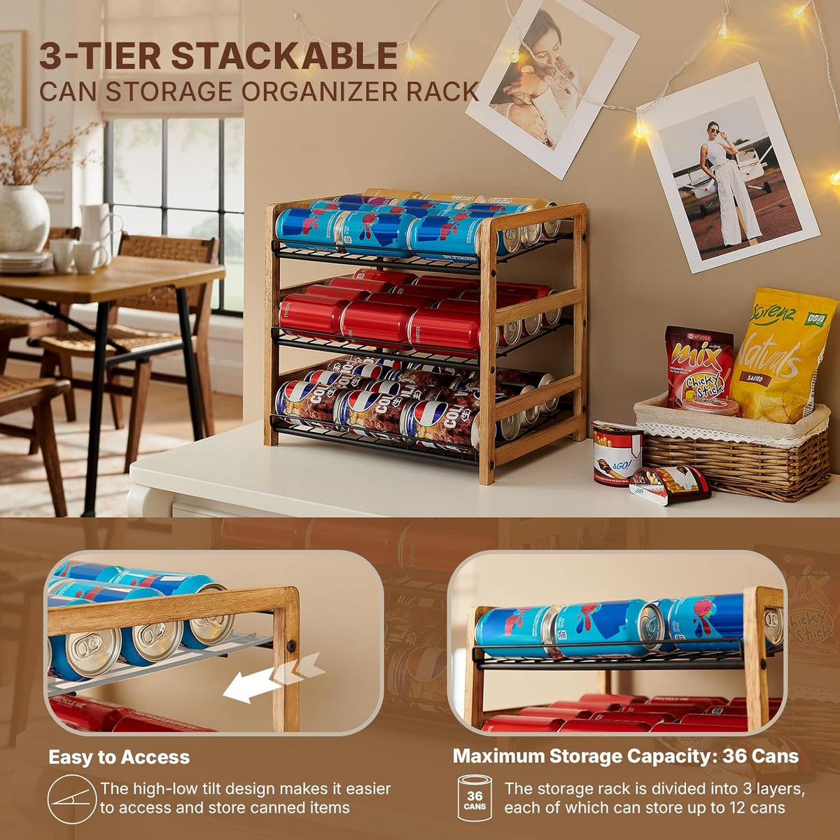 Can Organizer for Pantry 3-Tier, Can Storage Organizer Pantry, Soda Can Organizer, Holds up to 36 Cans Holders for Pantry, Cabinet, Countertop, Carbonized Brown