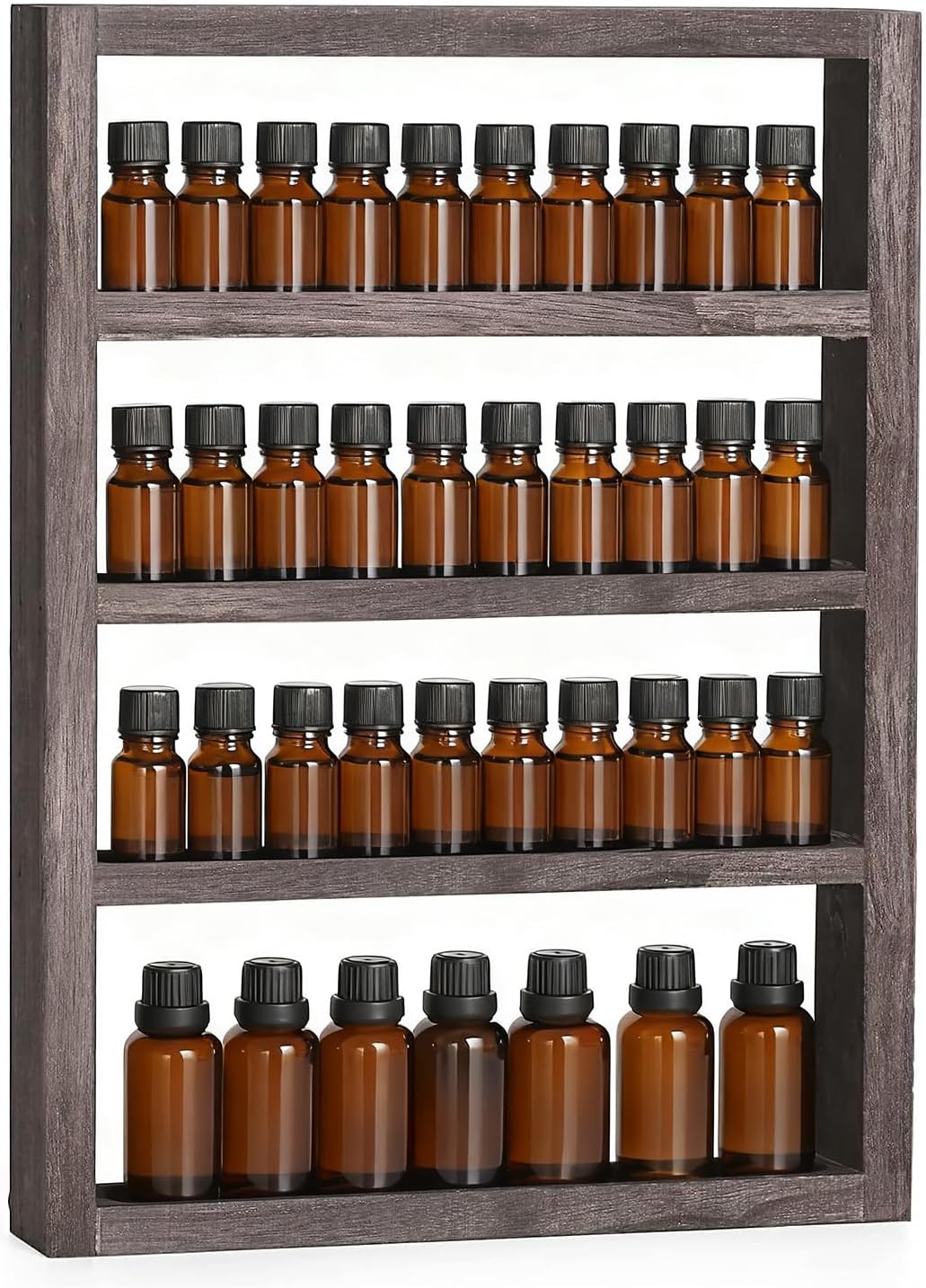 Essential Oil Storage Rack 4 Tier Wall Mounted Wooden Display Shelf Holder Nail Polish Organizer with Groove Inside for Bedroom Bathroom Powder Room, Rustic Brown