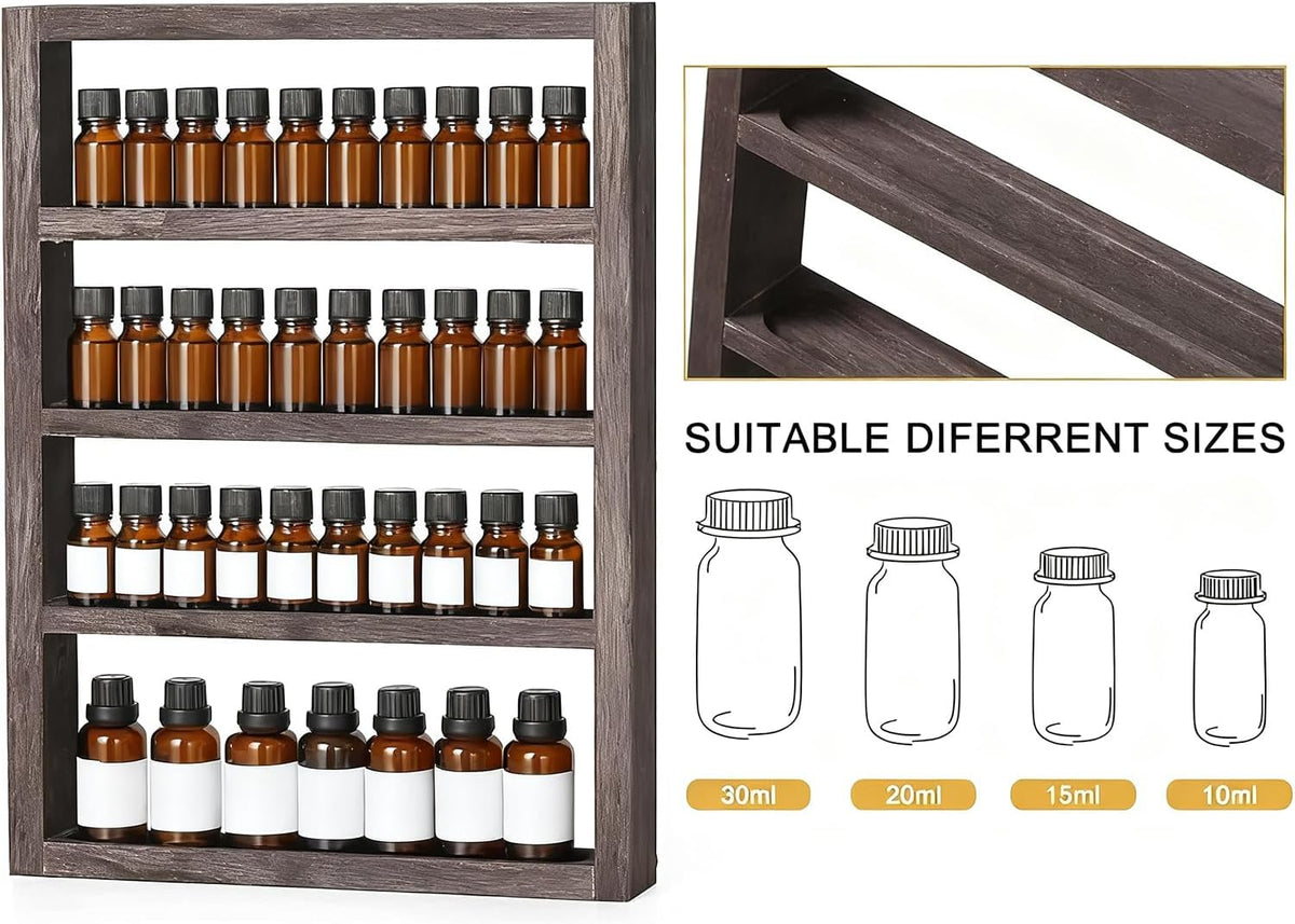 Essential Oil Storage Rack 4 Tier Wall Mounted Wooden Display Shelf Holder Nail Polish Organizer with Groove Inside for Bedroom Bathroom Powder Room, Rustic Brown