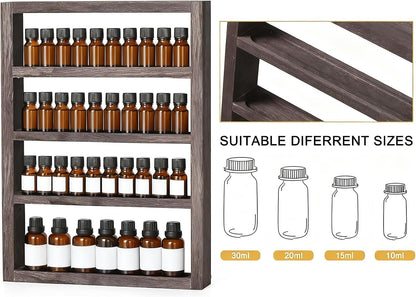 Essential Oil Storage Rack 4 Tier Wall Mounted Wooden Display Shelf Holder Nail Polish Organizer with Groove Inside for Bedroom Bathroom Powder Room, Rustic Brown