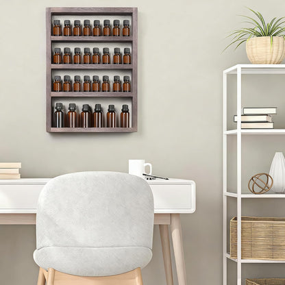 Essential Oil Storage Rack 4 Tier Wall Mounted Wooden Display Shelf Holder Nail Polish Organizer with Groove Inside for Bedroom Bathroom Powder Room, Rustic Brown