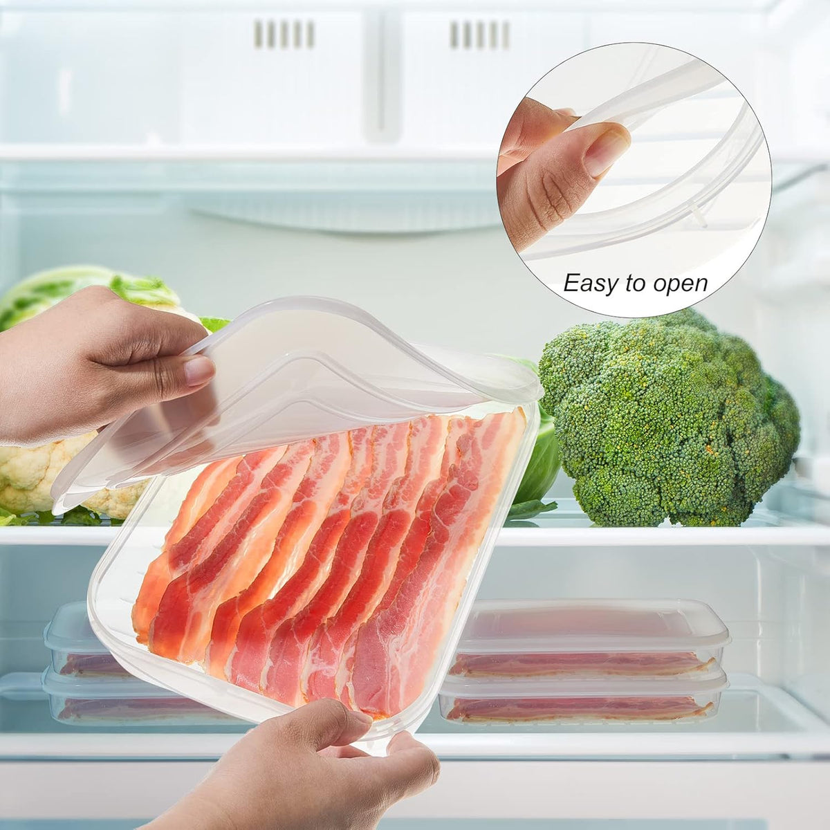 4 Pcs Bacon Keeper Deli Meat Container with Lids for Refrigerator | Shallow Low Profile, Stackable Design, Clear Plastic, Fits Cold Cuts Cheese, 9.65 x 7.28 x 1.38 in