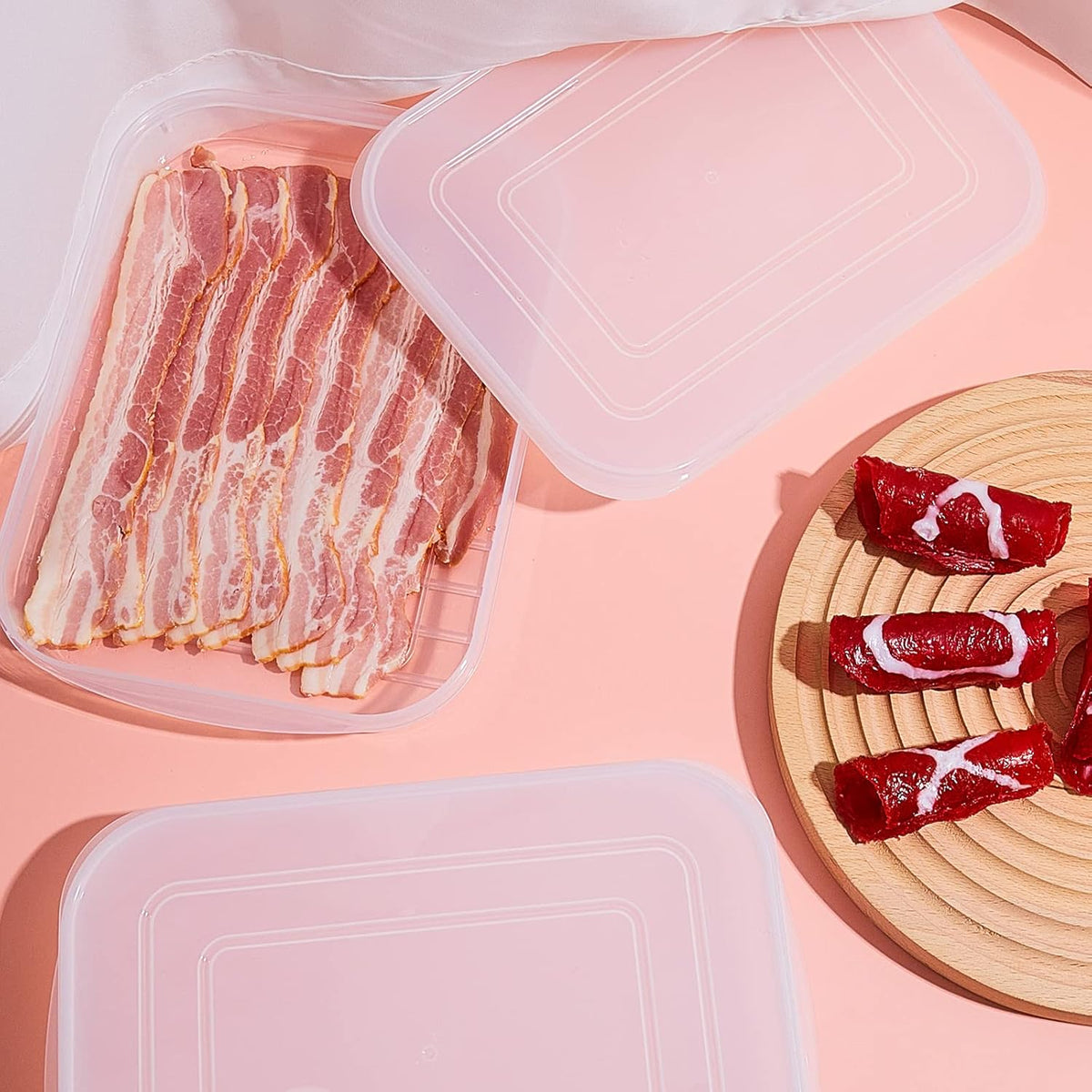 4 Pcs Bacon Keeper Deli Meat Container with Lids for Refrigerator | Shallow Low Profile, Stackable Design, Clear Plastic, Fits Cold Cuts Cheese, 9.65 x 7.28 x 1.38 in