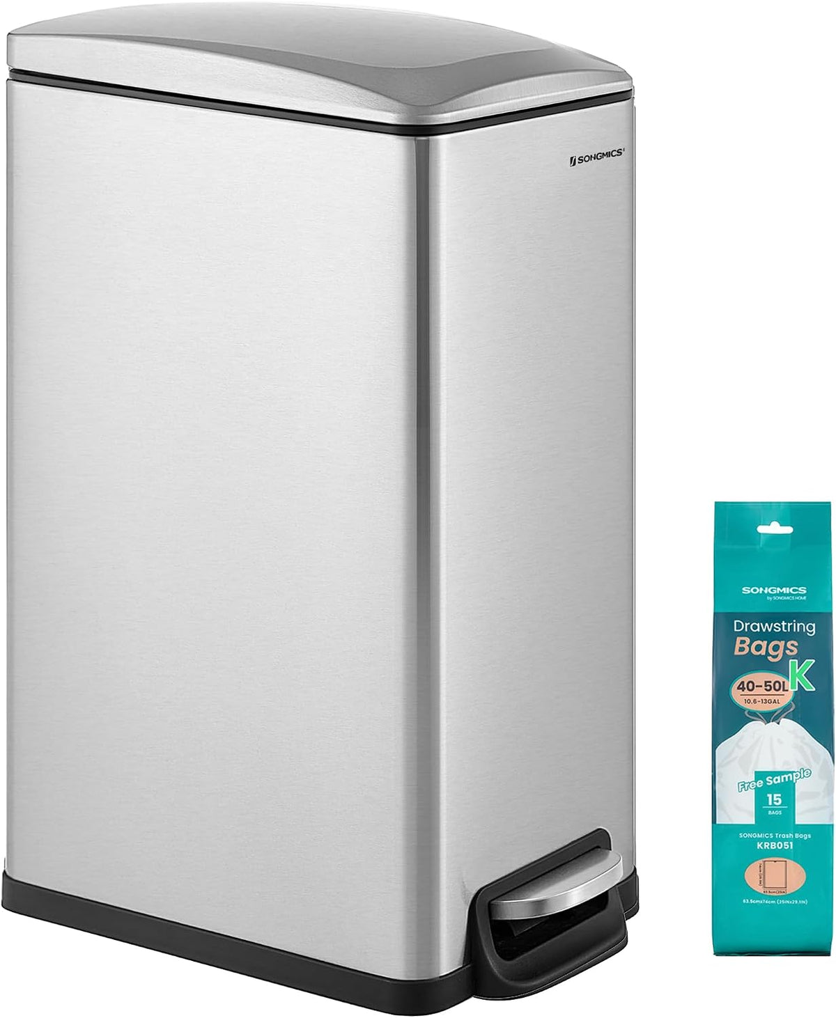 SONGMICS Kitchen Trash Can with Lid, 13-Gallon (50 L) Slim, Stainless Steel