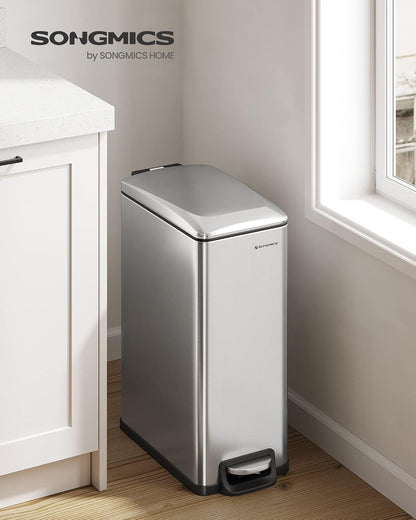 SONGMICS Kitchen Trash Can with Lid, 13-Gallon (50 L) Slim, Stainless Steel